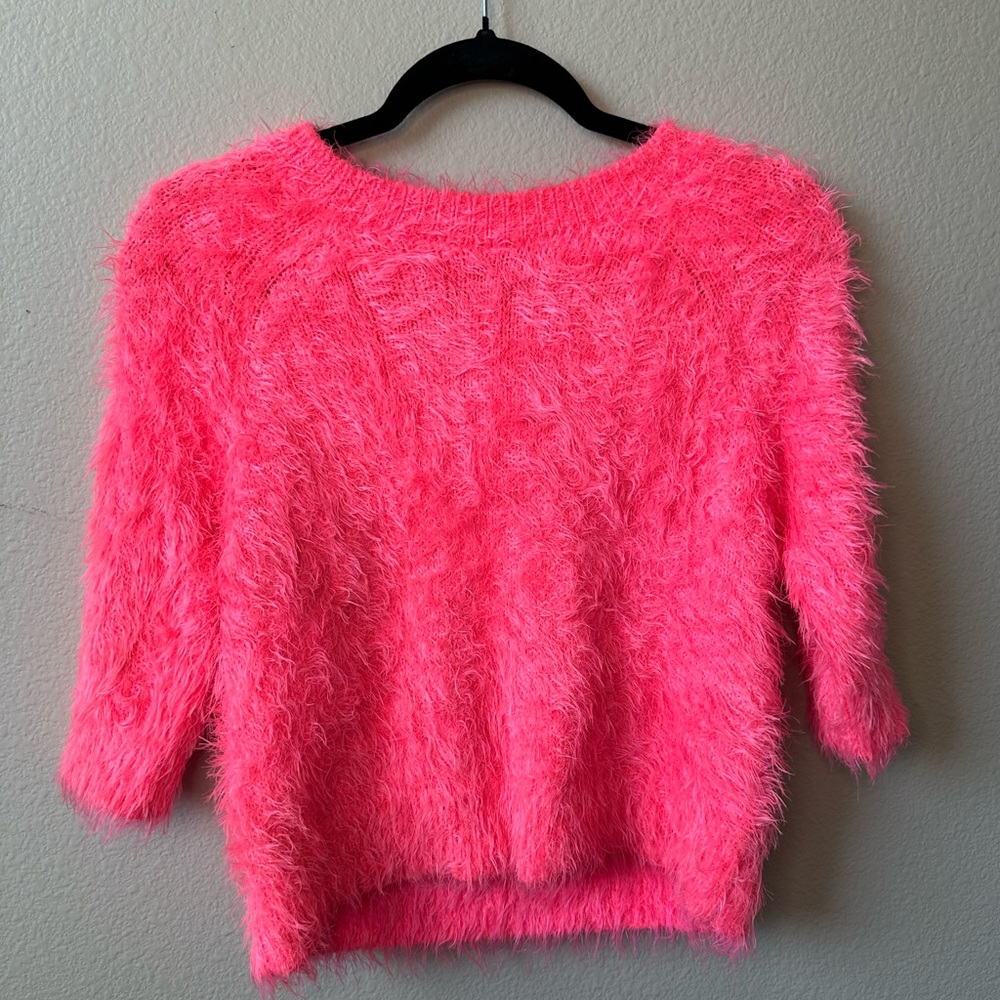 River island fuzzy hot  pink sweater jumper 3/4 sleeve